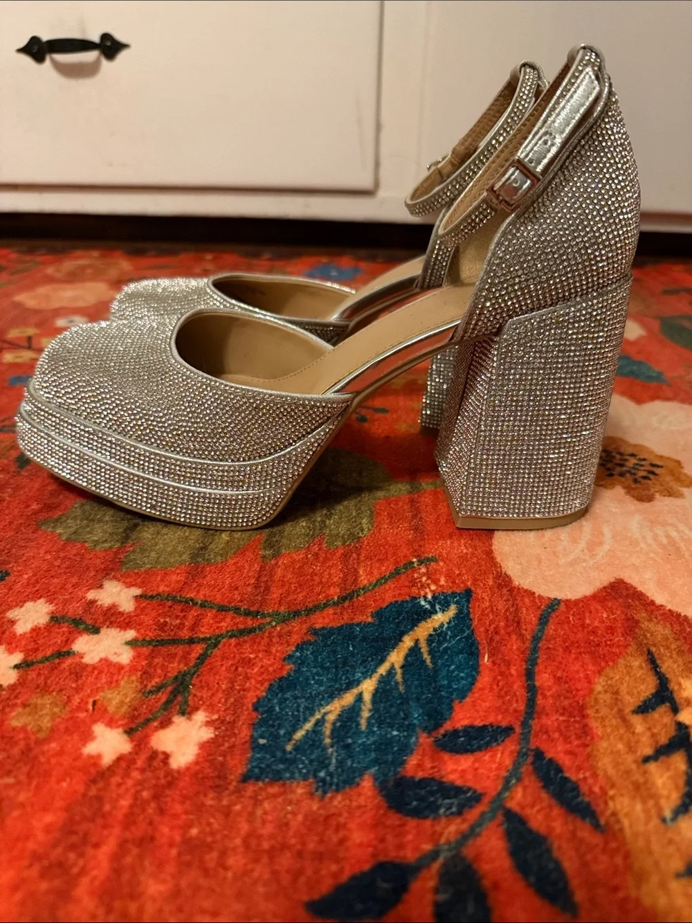 Glitter Platform Ankle-Strap Heels in Silver